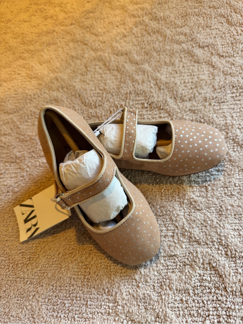 Zara Beige Mary Jane Flats with Silver Star Studs